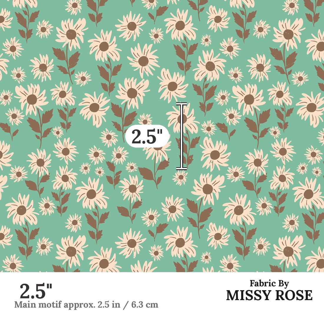Indy Bloom Fabric Infatuated Valentine Daisy fields in Teal 02 2.5 inch print scale guide | Fabric by Missy Rose