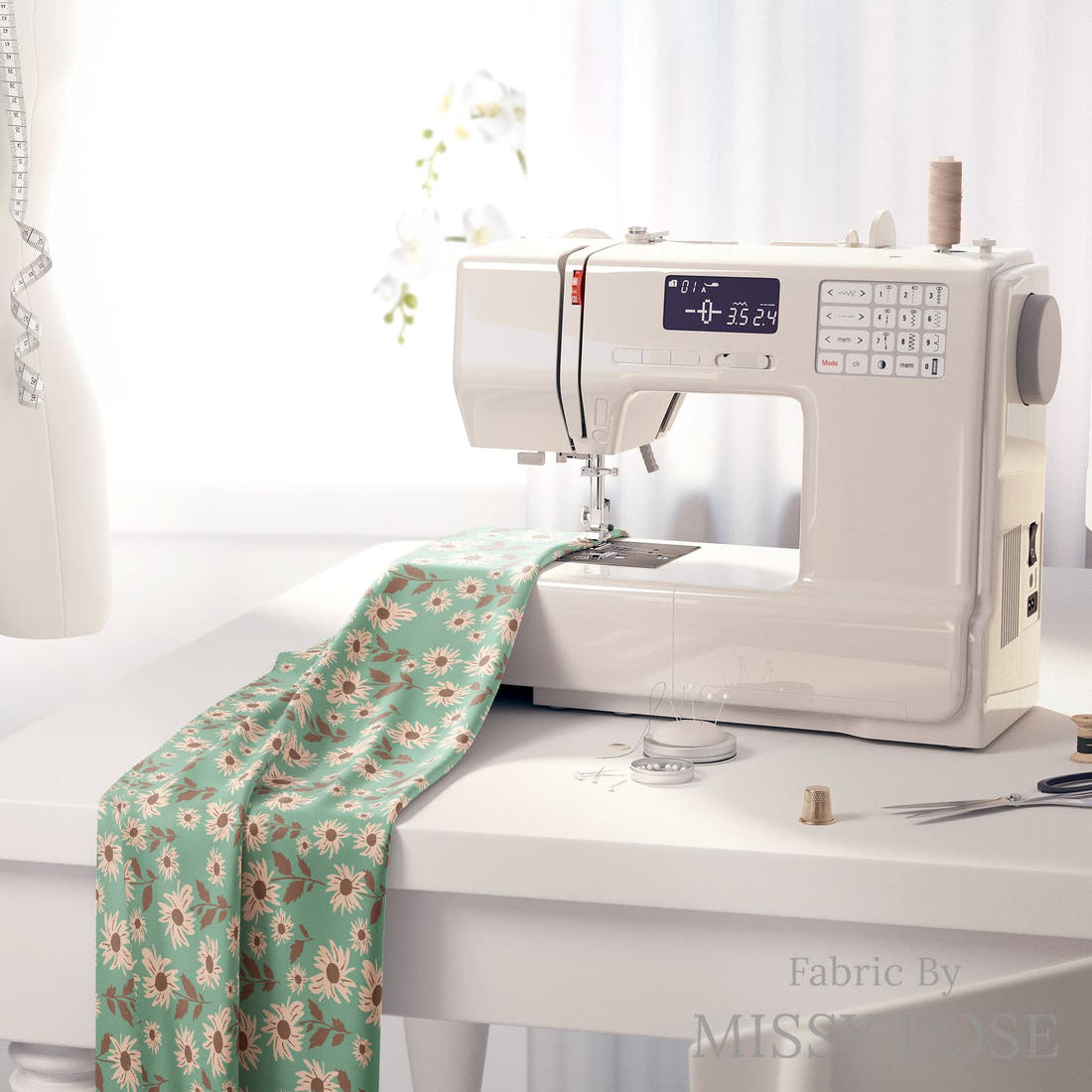 Indy Bloom Fabric Infatuated Valentine Daisy fields in Teal 02 fabric on a sewing machine - sew your own | Fabric by Missy Rose