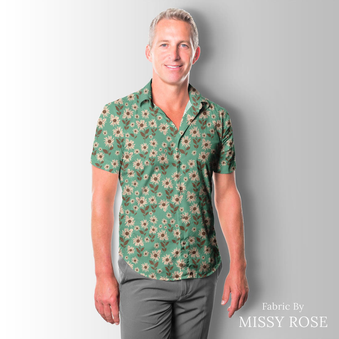 Indy Bloom Fabric Infatuated Valentine Daisy fields in Teal 02 sewn into a men's shirt - custom printed fabric | Fabric by Missy Rose