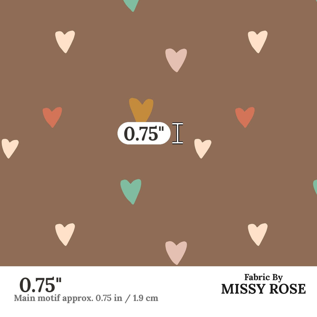 Indy Bloom Fabric Infatuated Valentine Heart Party Chocolate 15 0.75 inch print scale guide | Fabric by Missy Rose