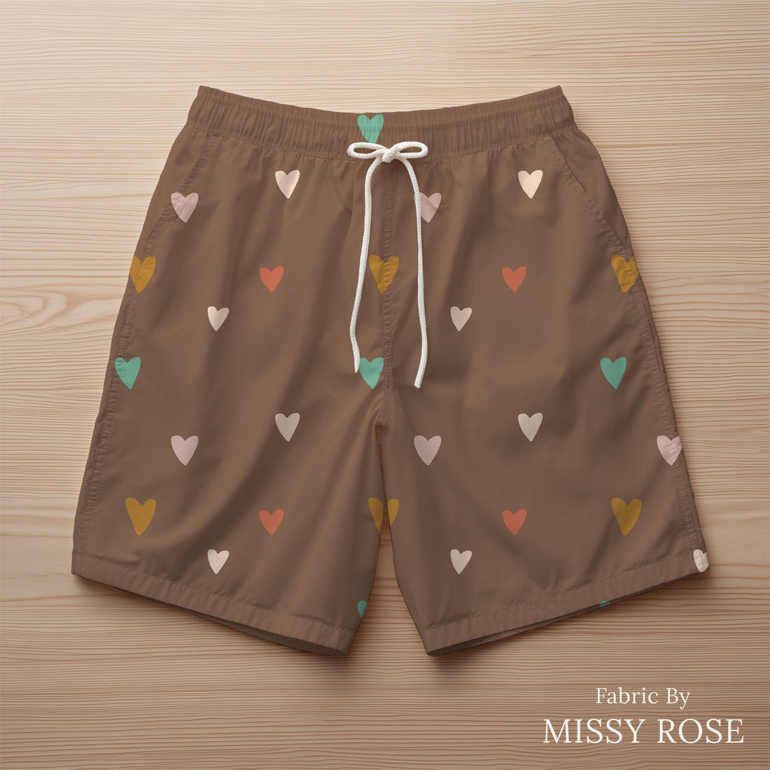 Indy Bloom Fabric Infatuated Valentine Heart Party Chocolate 15 sewn into swim shorts - custom printed fabric | Fabric by Missy Rose