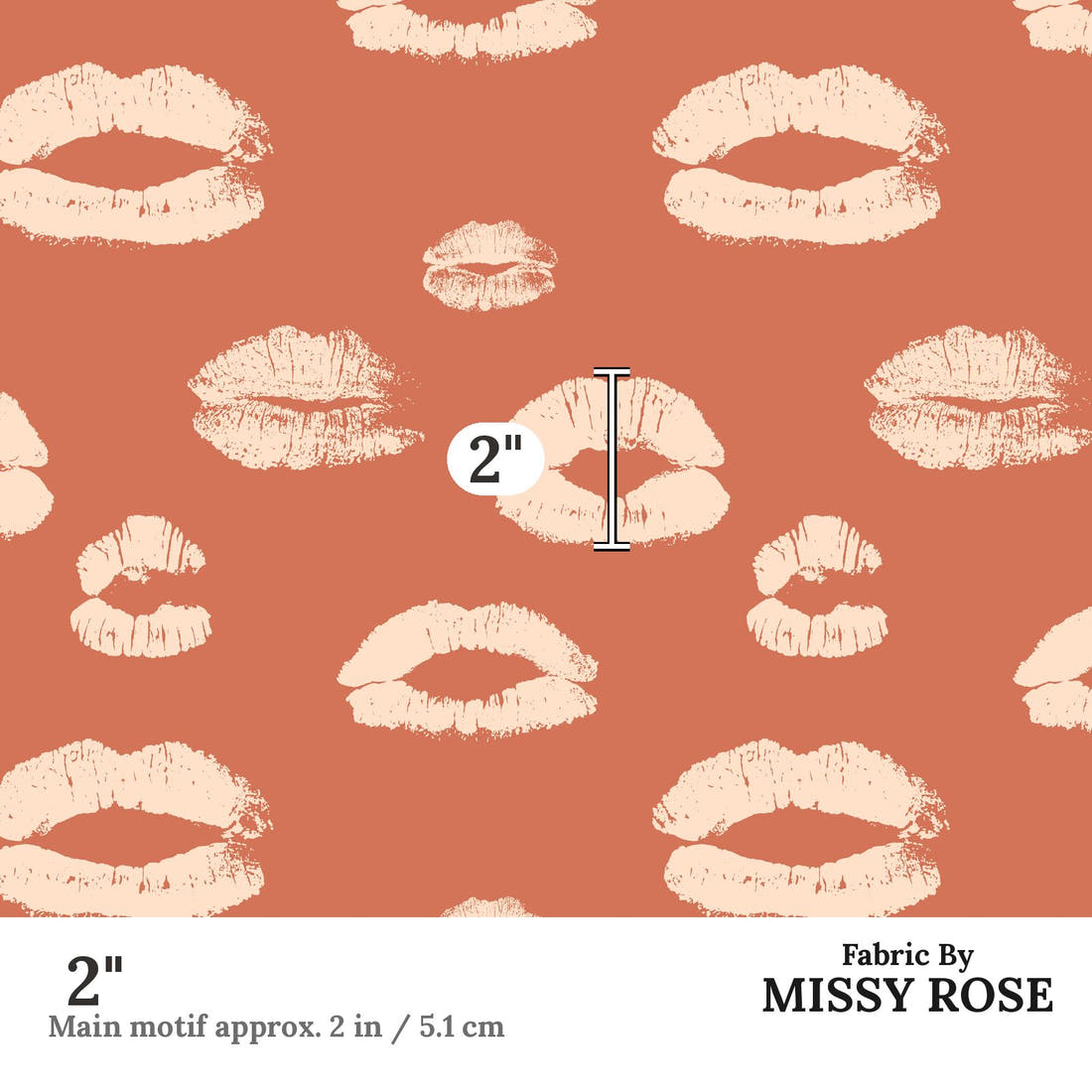 Indy Bloom Fabric Infatuated Valentine Kiss me in cherry 06 2 inch print scale guide | Fabric by Missy Rose