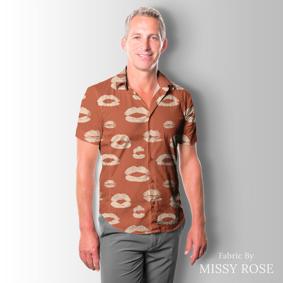 Indy Bloom Fabric Infatuated Valentine Kiss me in cherry 06 sewn into a men's shirt - custom printed fabric | Fabric by Missy Rose