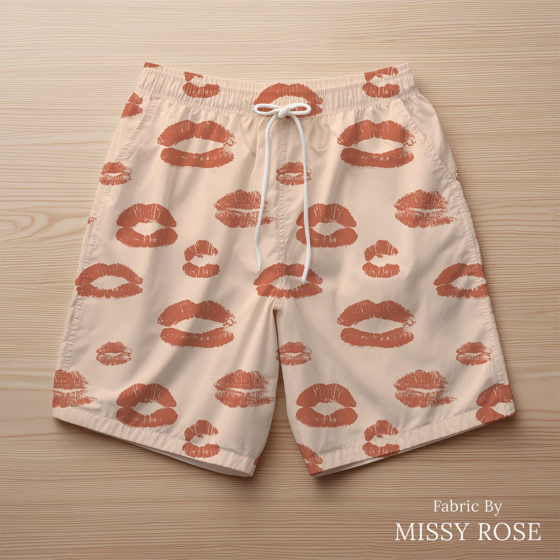 Indy Bloom Fabric Infatuated Valentine Kiss me in Nude 05 sewn into swim shorts - custom printed fabric | Fabric by Missy Rose