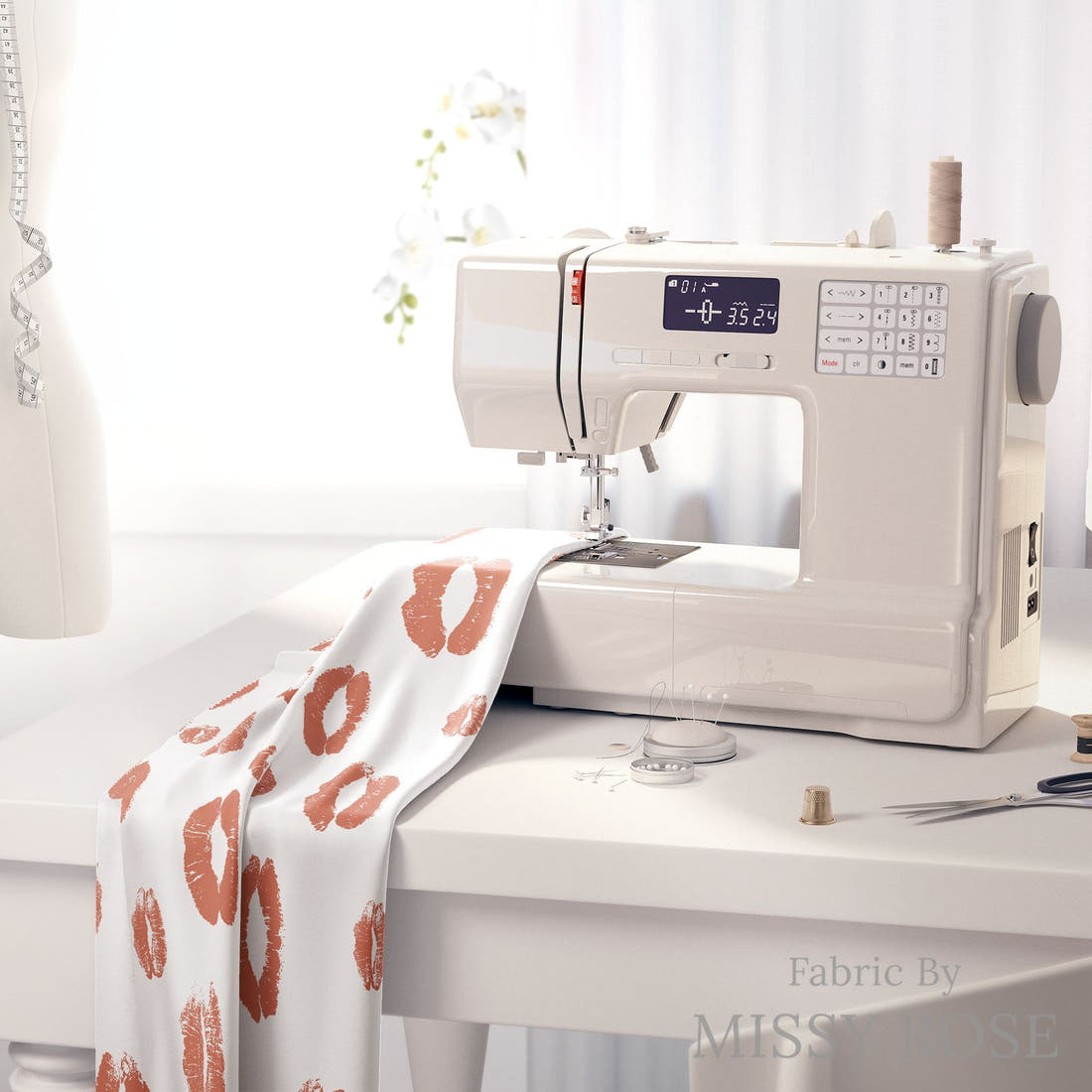 Indy Bloom Fabric Infatuated Valentine Kiss me in White 07 fabric on a sewing machine - sew your own | Fabric by Missy Rose