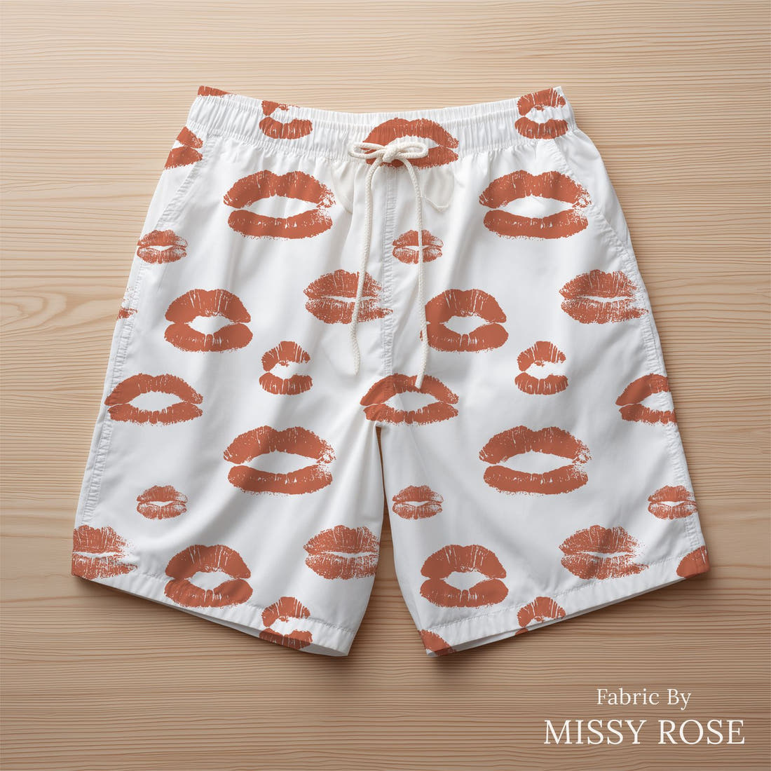 Indy Bloom Fabric Infatuated Valentine Kiss me in White 07 sewn into swim shorts - custom printed fabric | Fabric by Missy Rose