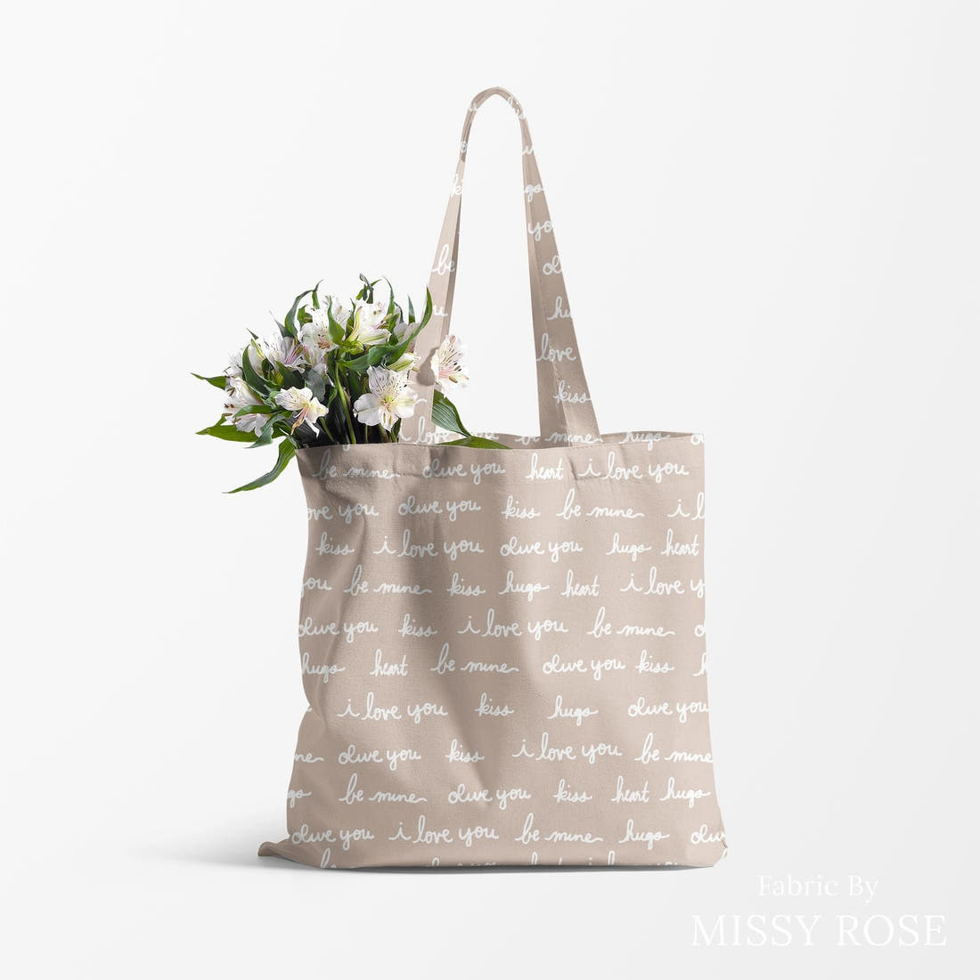 Indy Bloom Fabric Infatuated Valentine Love notes Marshmallow 08 made up as a tote bag - custom printed fabric | Fabric by Missy Rose