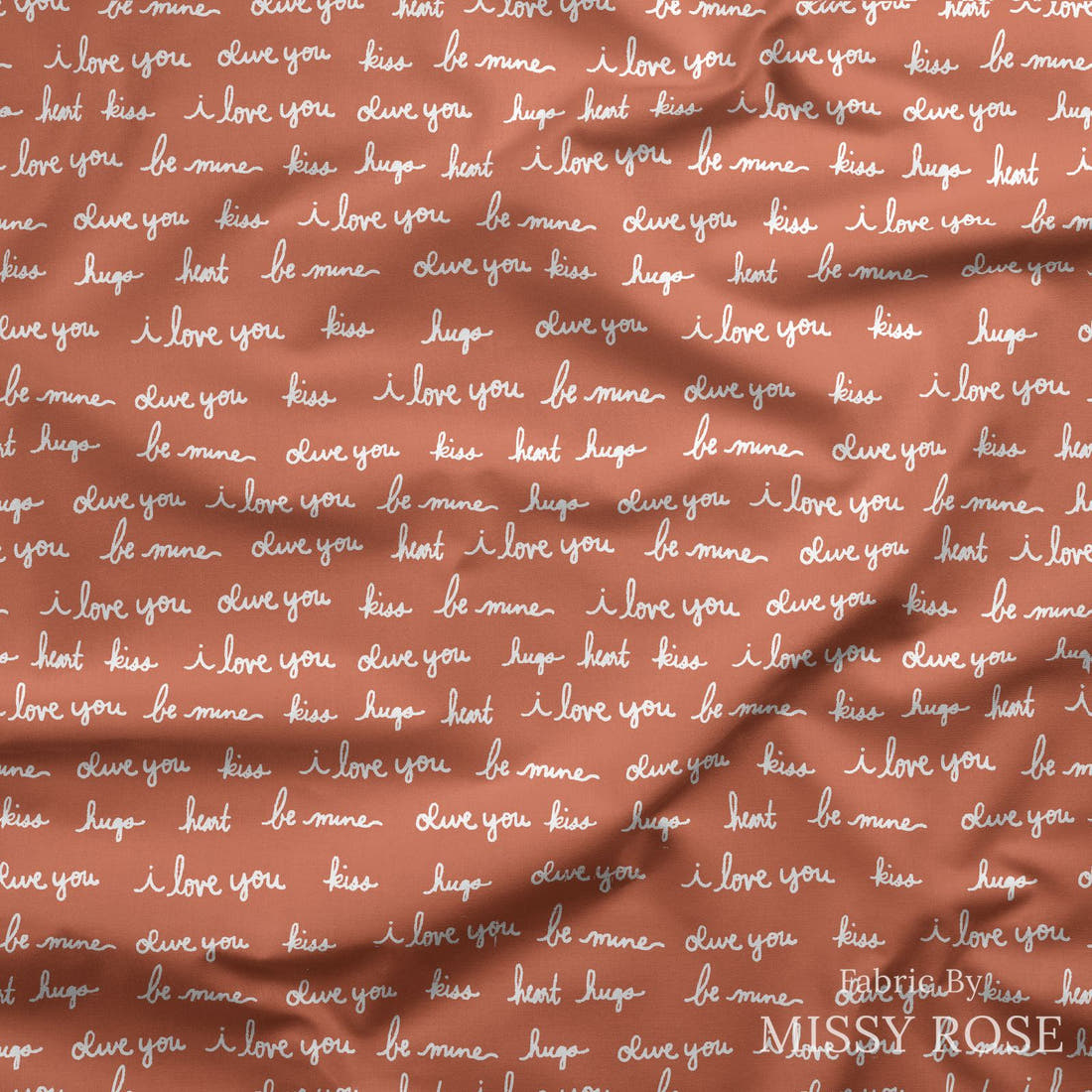 Indy Bloom Fabric Infatuated Valentine Love notes Red 09 draped fabric mockup - custom printed fabric by the metre | Fabric by Missy Rose