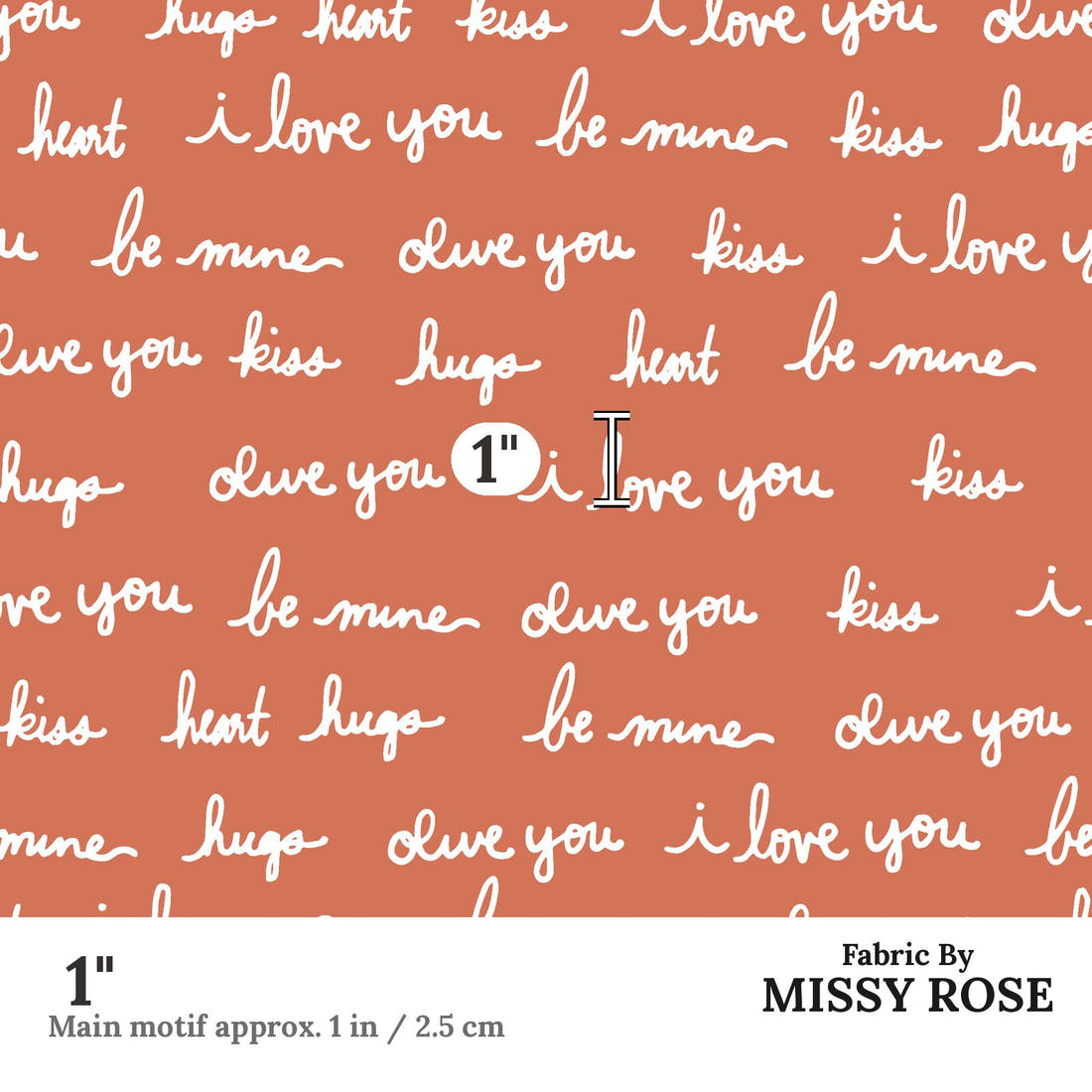 Indy Bloom Fabric Infatuated Valentine Love notes Red 09 1 inch print scale guide | Fabric by Missy Rose