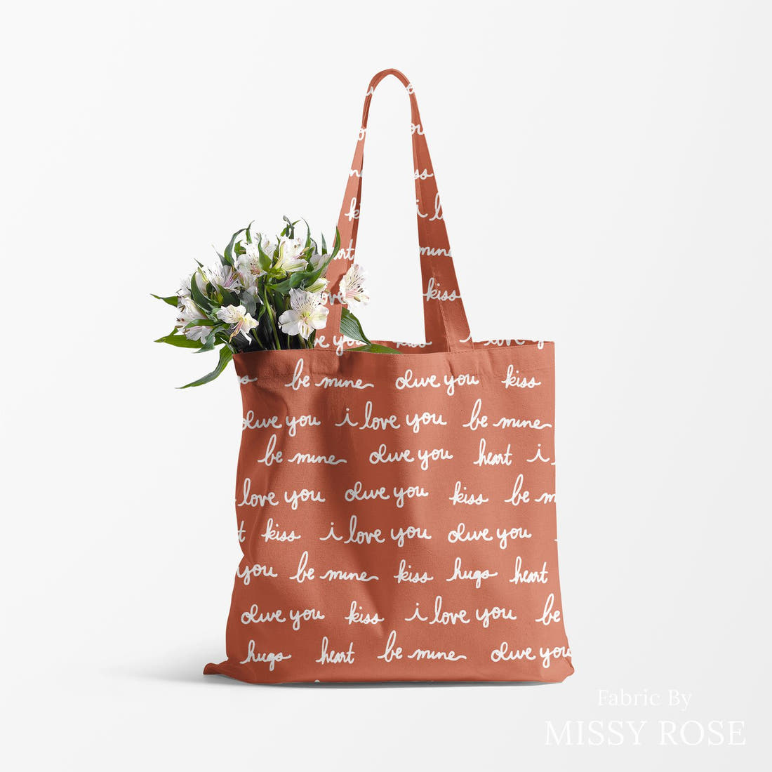 Indy Bloom Fabric Infatuated Valentine Love notes Red 09 made up as a tote bag - custom printed fabric | Fabric by Missy Rose