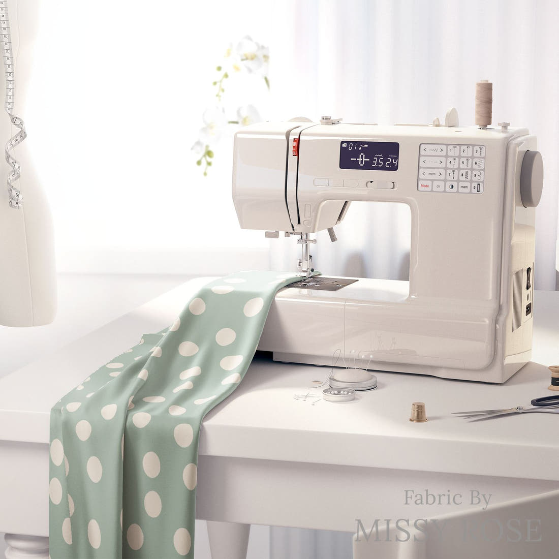 Indy Bloom Fabric Juliet Florals Aqua Dot 11 fabric on a sewing machine - sew your own | Fabric by Missy Rose