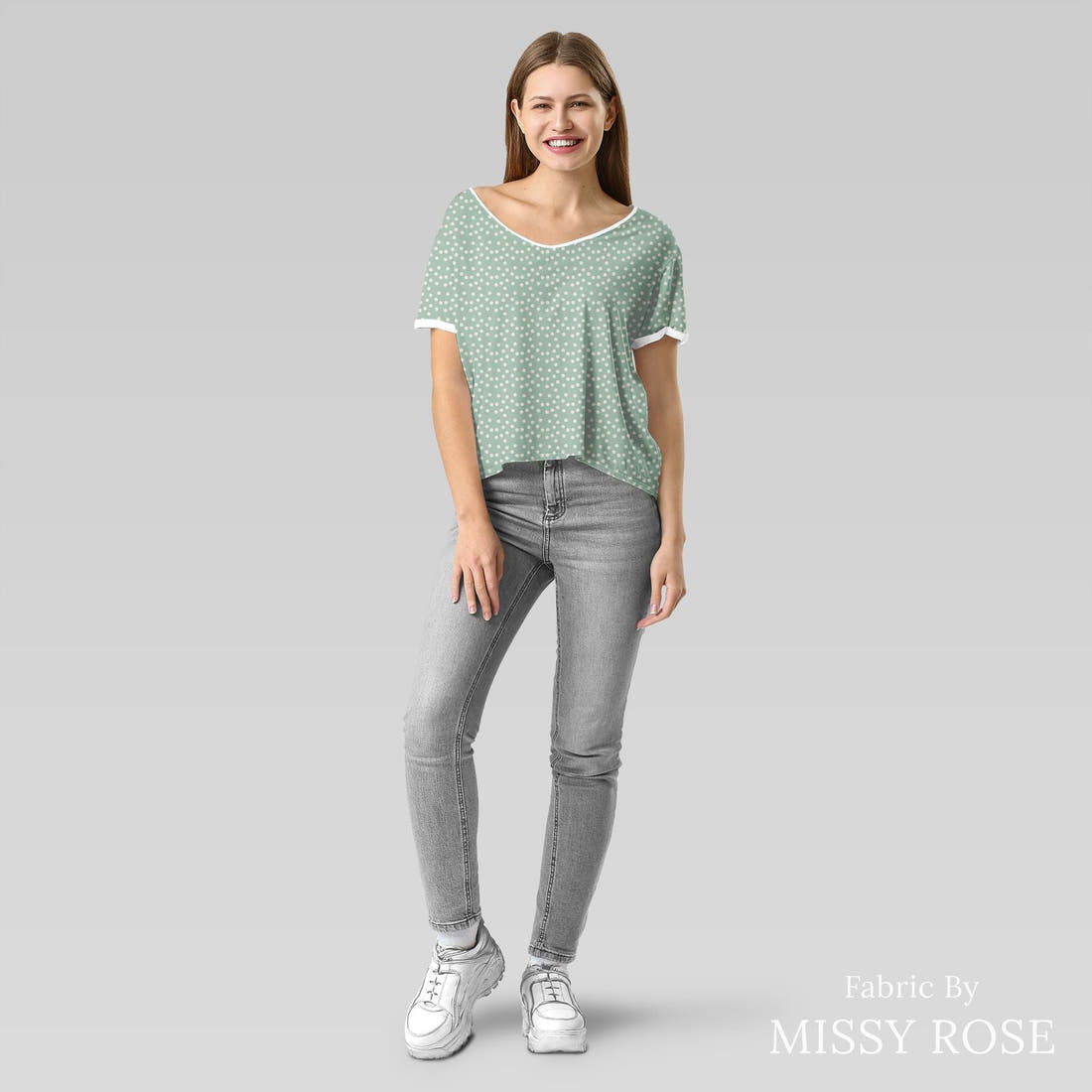 Indy Bloom Fabric Juliet Florals Aqua Dot 11 sewn into an everyday tee - custom printed fabric | Fabric by Missy Rose