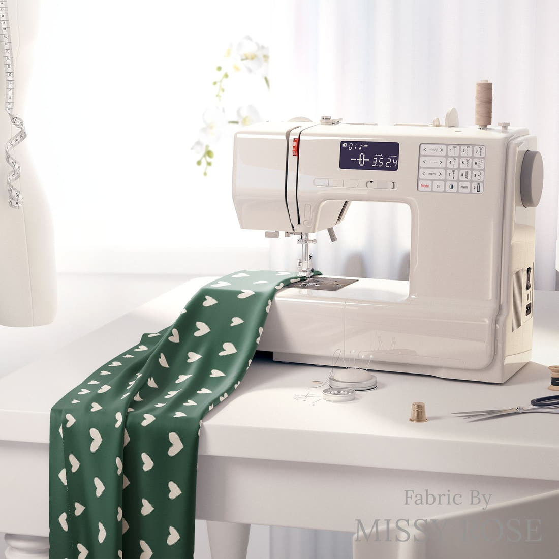 Indy Bloom Fabric Juliet Florals Forest Hearts 06 fabric on a sewing machine - sew your own | Fabric by Missy Rose