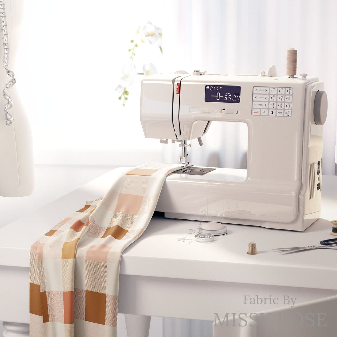 Indy Bloom Fabric Juliet Florals Gingham 04 fabric on a sewing machine - sew your own | Fabric by Missy Rose