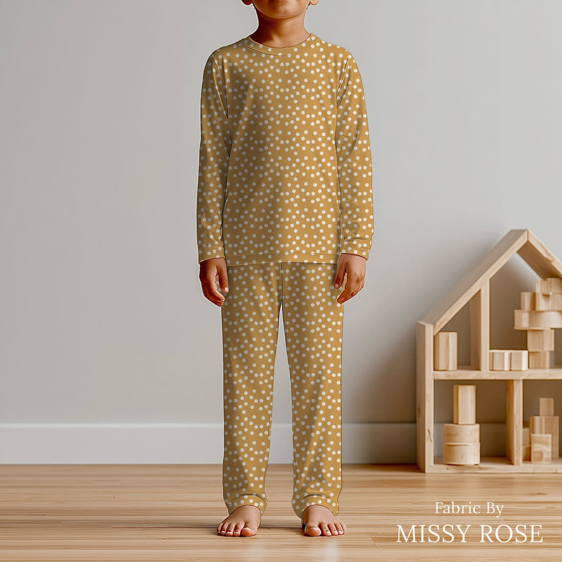 Indy Bloom Fabric Juliet Florals Golden Cream Dot 10 sewn into kids' pyjamas - custom printed fabric | Fabric by Missy Rose