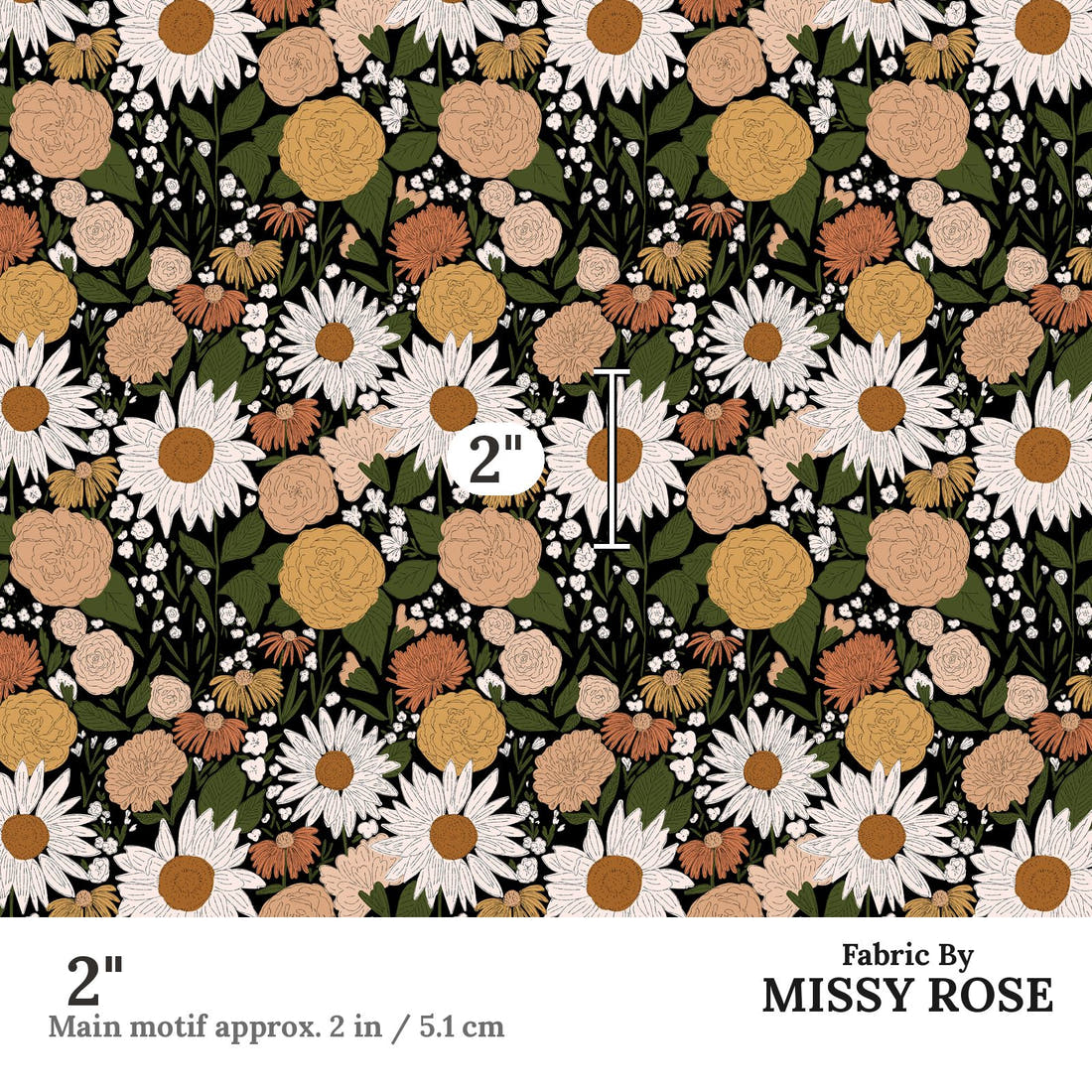 Indy Bloom Fabric Juliet Florals Midnight 12 2 inch print scale guide | Fabric by Missy Rose