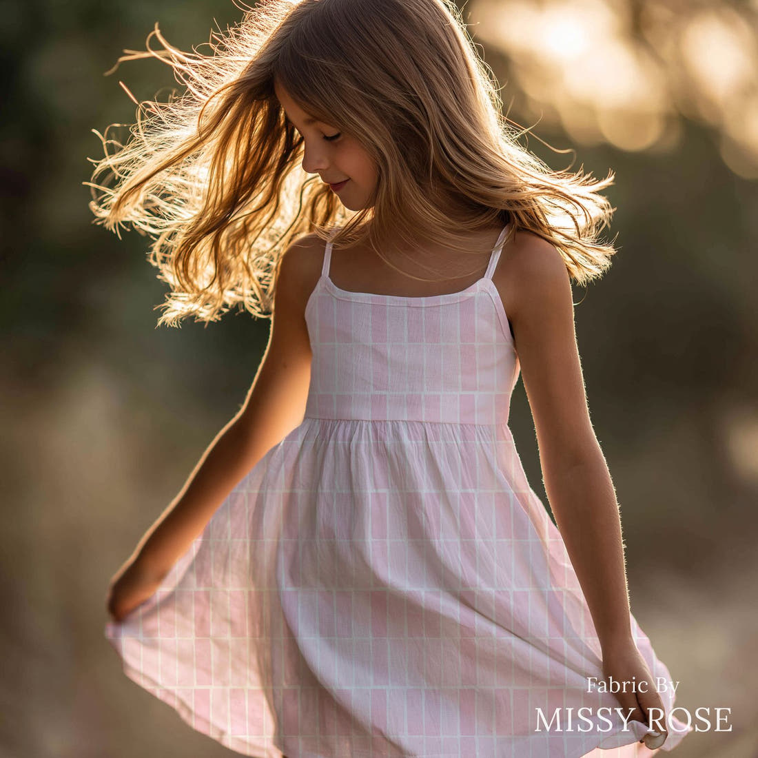 Indy Bloom Fabric Laguna Summer Beach Tiles In Bubblegum 19 sewn into a girls' dress - custom printed fabric | Fabric by Missy Rose