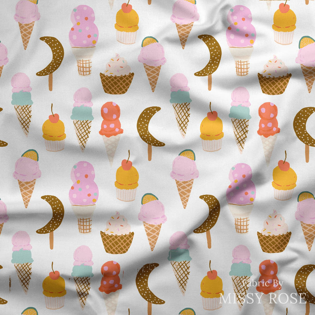Indy Bloom Fabric Laguna Summer Ice Cream Parlour 06 draped fabric mockup - custom printed fabric by the metre | Fabric by Missy Rose