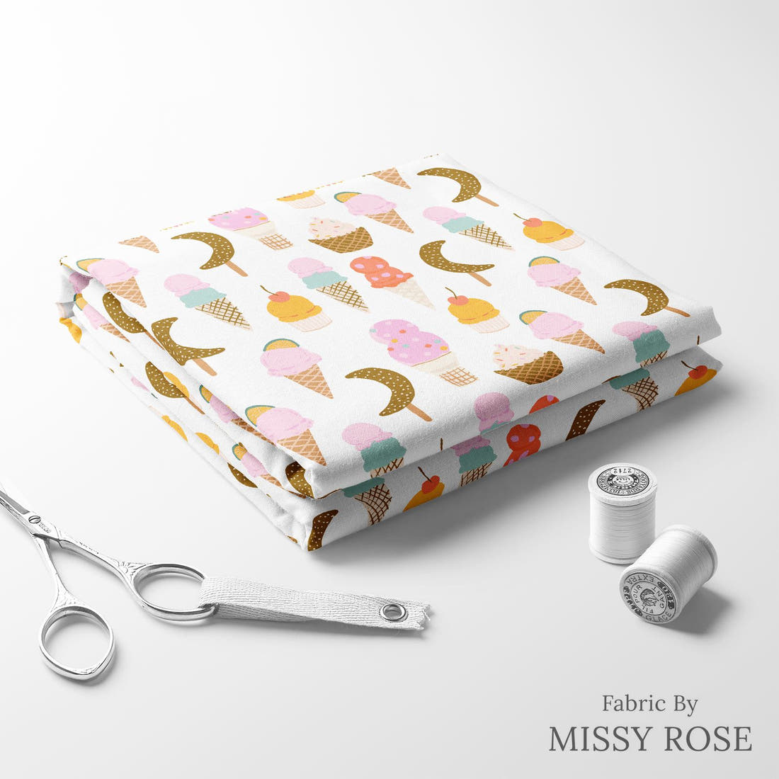 Indy Bloom Fabric Laguna Summer Ice Cream Parlour 06 folded fabric stack with matching thread - pre-order fabric Australia | Fabric by Missy Rose