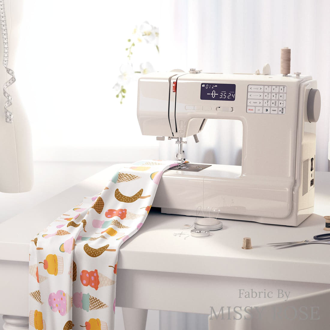 Indy Bloom Fabric Laguna Summer Ice Cream Parlour 06 fabric on a sewing machine - sew your own | Fabric by Missy Rose