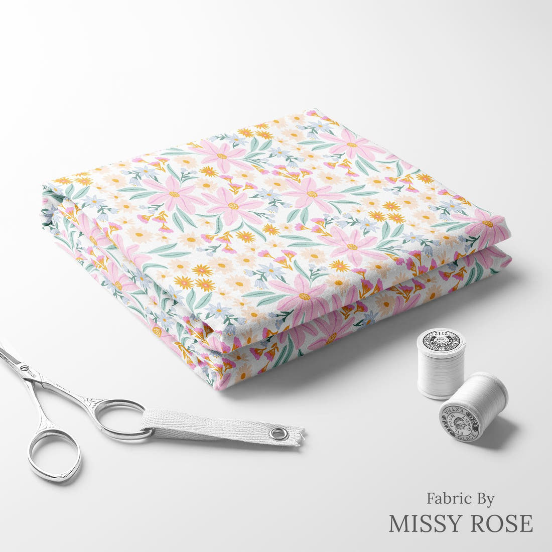 Indy Bloom Fabric Laguna Summer Laguna Floral 02 folded fabric stack with matching thread - pre-order fabric Australia | Fabric by Missy Rose