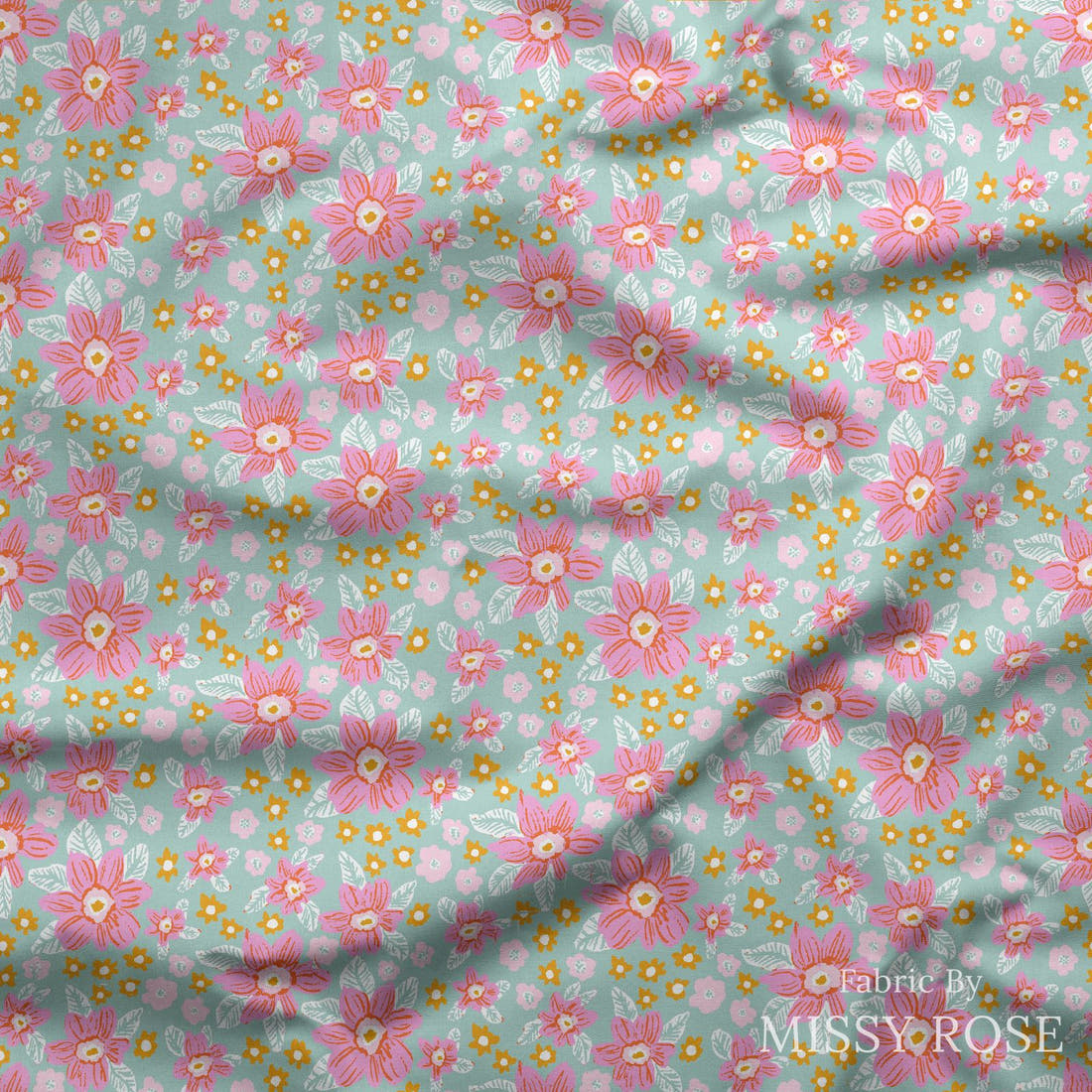 Indy Bloom Fabric Laguna Summer Malibu Floral 01 draped fabric mockup - custom printed fabric by the metre | Fabric by Missy Rose
