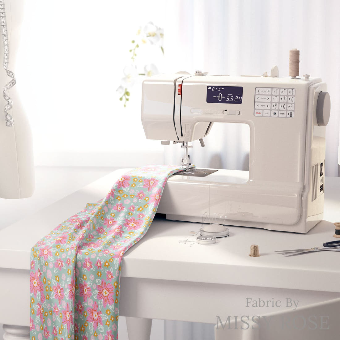 Indy Bloom Fabric Laguna Summer Malibu Floral 01 fabric on a sewing machine - sew your own | Fabric by Missy Rose