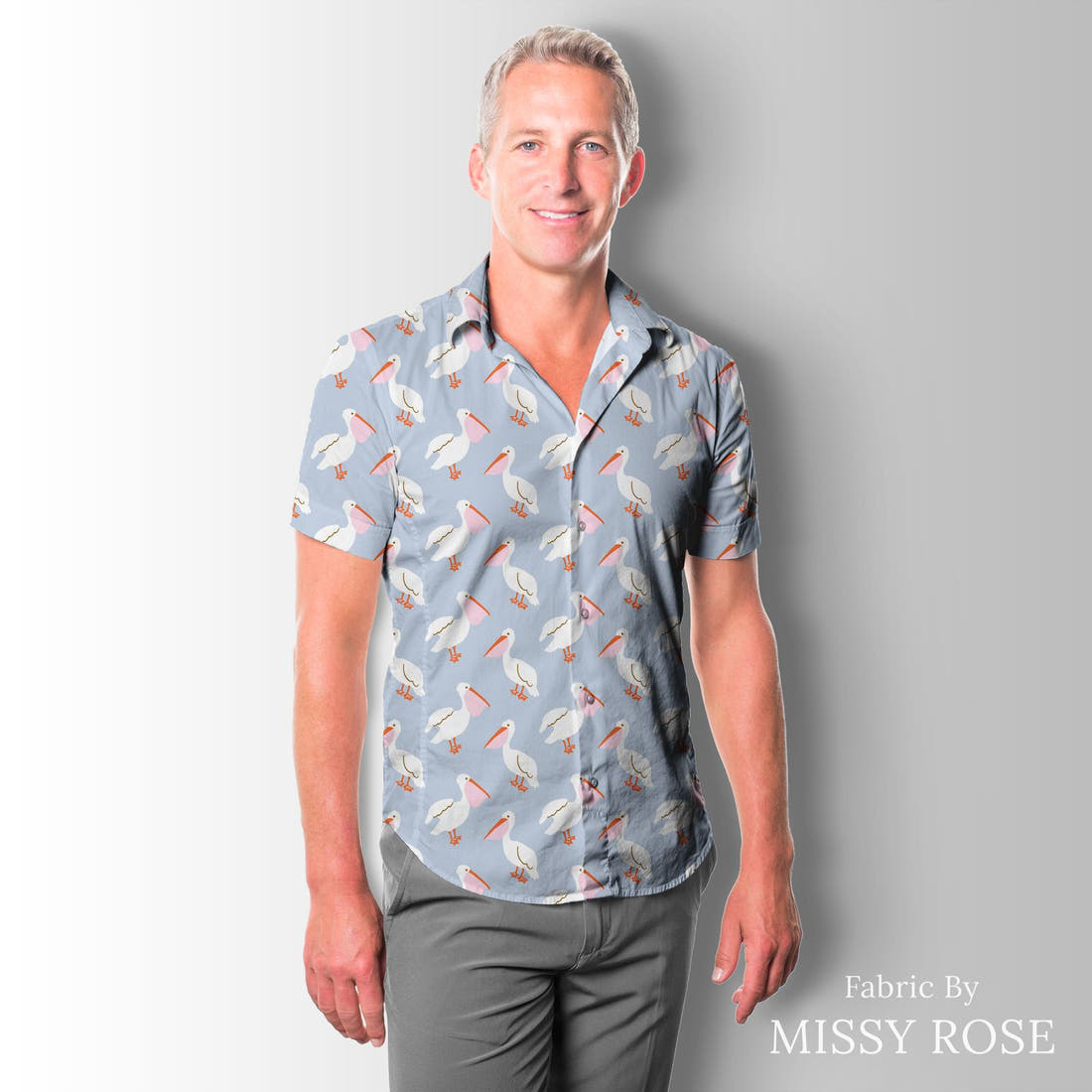 Indy Bloom Fabric Laguna Summer Pelicans In Periwinkle 15 sewn into a men's shirt - custom printed fabric | Fabric by Missy Rose