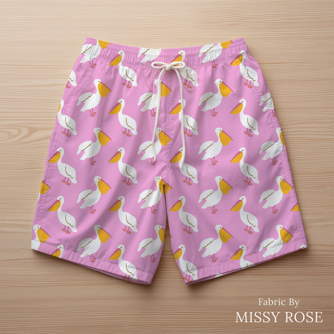 Indy Bloom Fabric Laguna Summer Pelicans in Pink 16 sewn into swim shorts - custom printed fabric | Fabric by Missy Rose