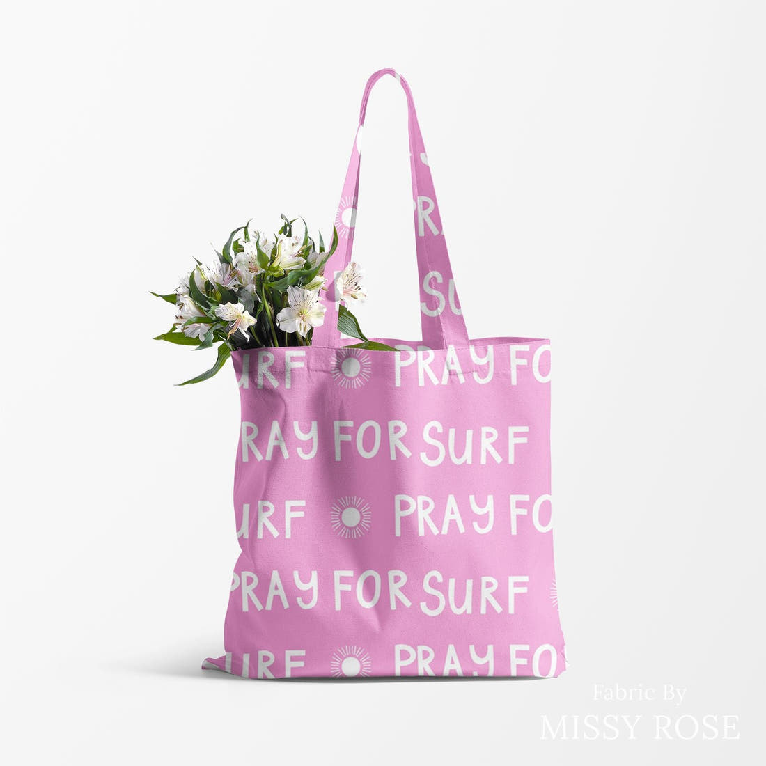 Indy Bloom Fabric Laguna Summer Pray for Surf 09 made up as a tote bag - custom printed fabric | Fabric by Missy Rose