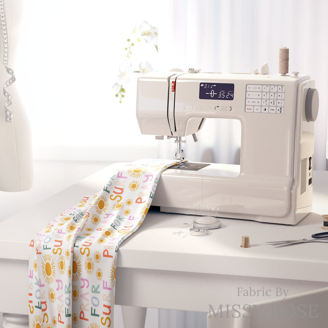 Indy Bloom Fabric Laguna Summer Pray For Surf In Sunshine 10 fabric on a sewing machine - sew your own | Fabric by Missy Rose