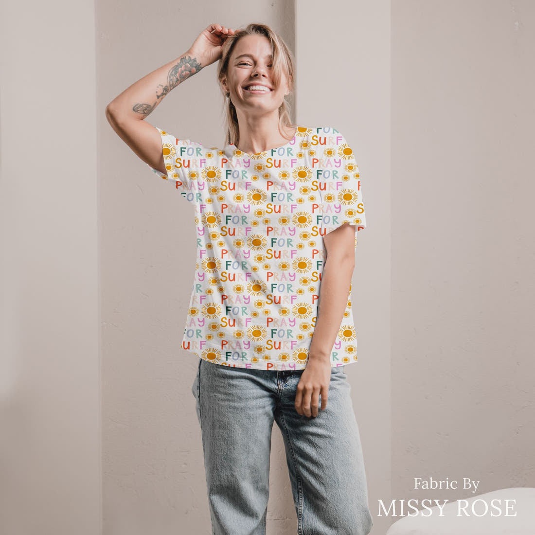 Indy Bloom Fabric Laguna Summer Pray For Surf In Sunshine 10 sewn into an all-over print shirt - custom printed fabric | Fabric by Missy Rose