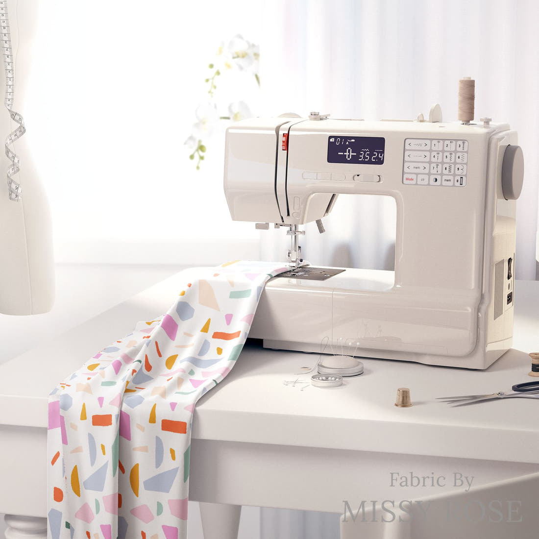 Indy Bloom Fabric Laguna Summer Retro Tiles in Laguna 05 fabric on a sewing machine - sew your own | Fabric by Missy Rose