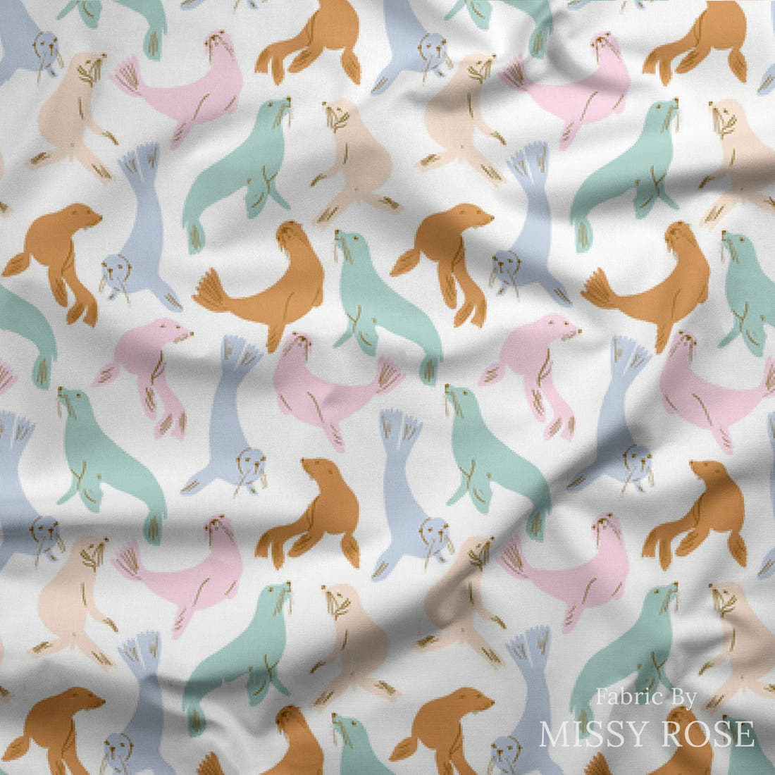 Indy Bloom Fabric Laguna Summer Sea Lions Pastel 03 draped fabric mockup - custom printed fabric by the metre | Fabric by Missy Rose