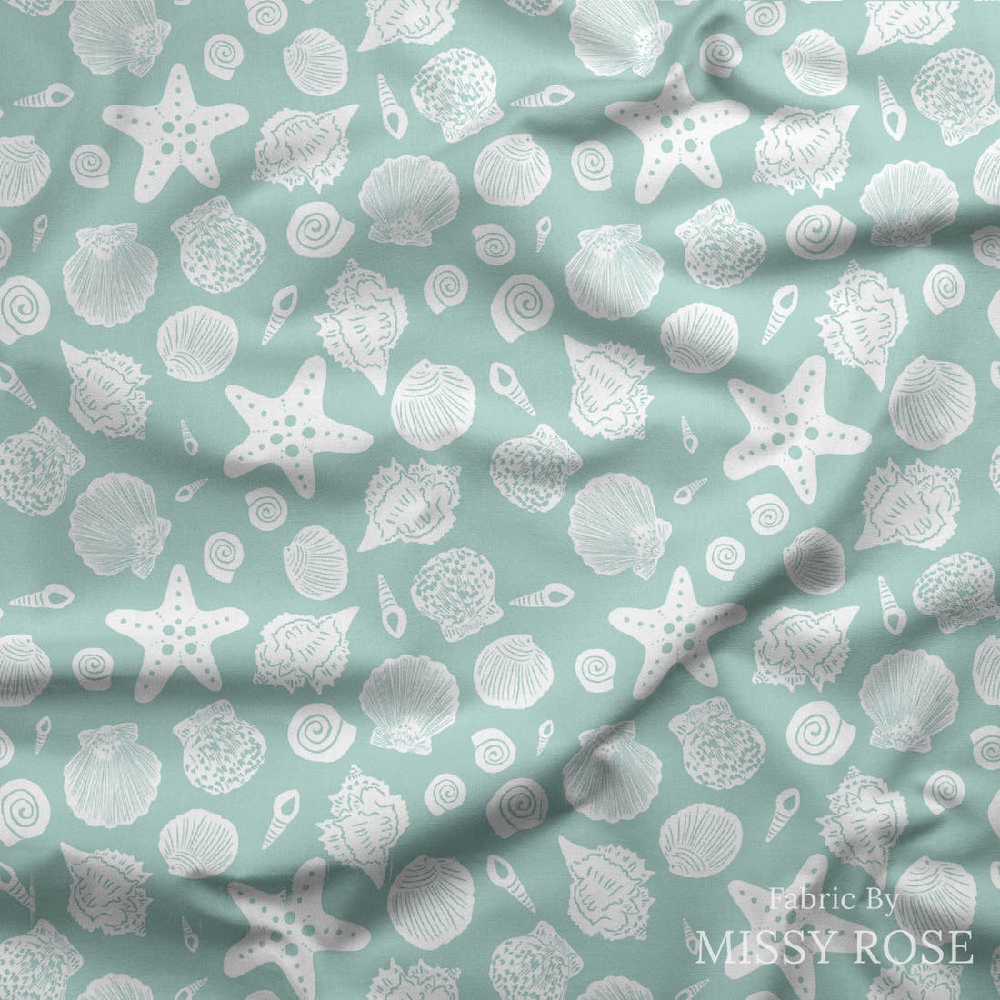 Indy Bloom Fabric Laguna Summer Sea Shells In Green 11 draped fabric mockup - custom printed fabric by the metre | Fabric by Missy Rose