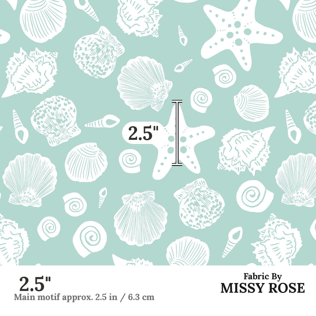 Indy Bloom Fabric Laguna Summer Sea Shells In Green 11 2.5 inch print scale guide | Fabric by Missy Rose