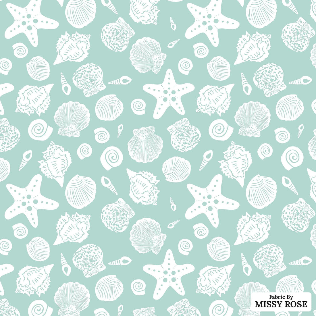 Indy Bloom Fabric Laguna Summer Sea Shells In Green 11 flat view of the printed design | Fabric by Missy Rose