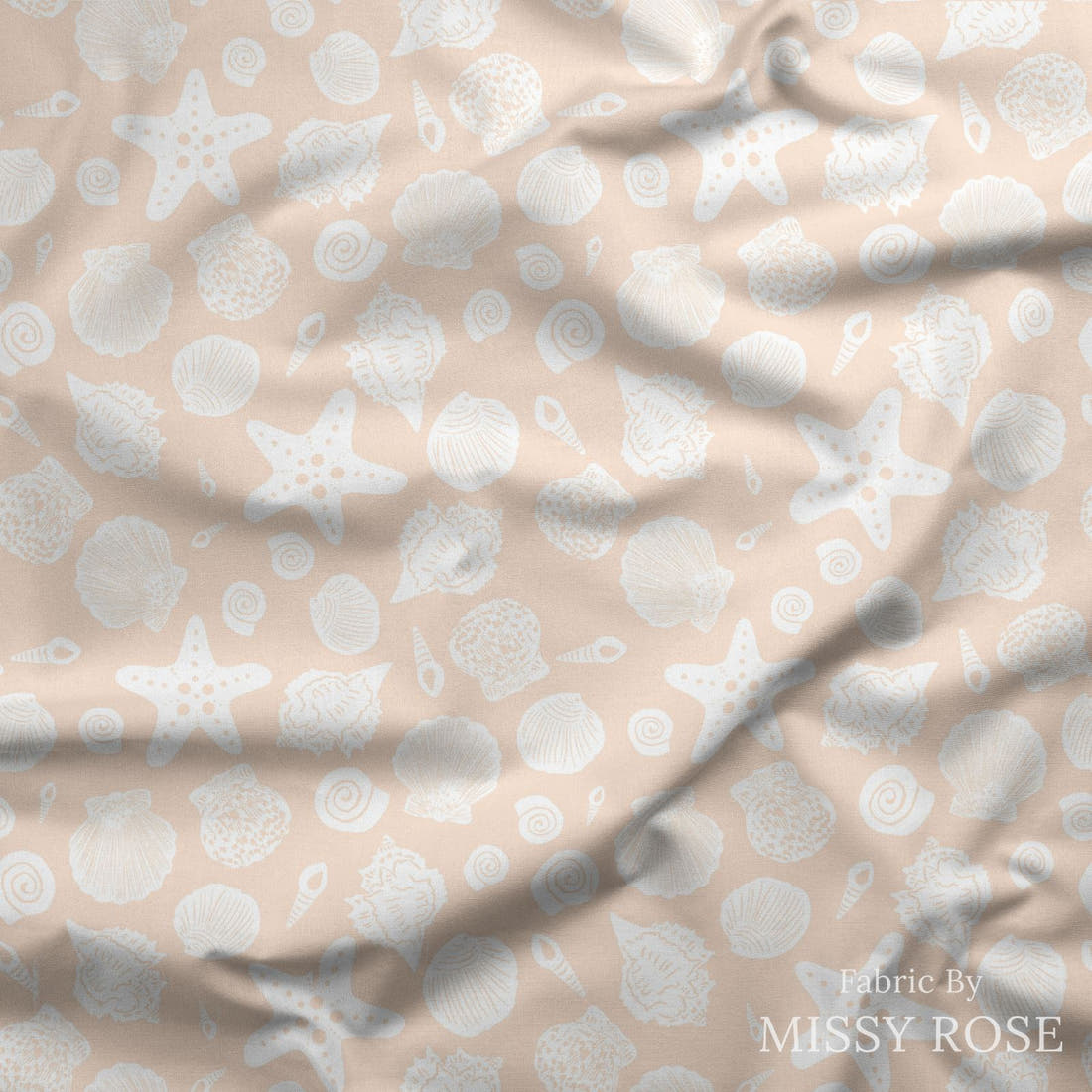Indy Bloom Fabric Laguna Summer Sea Shells in Sandy 12 draped fabric mockup - custom printed fabric by the metre | Fabric by Missy Rose
