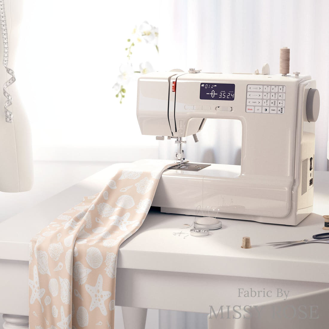 Indy Bloom Fabric Laguna Summer Sea Shells in Sandy 12 fabric on a sewing machine - sew your own | Fabric by Missy Rose
