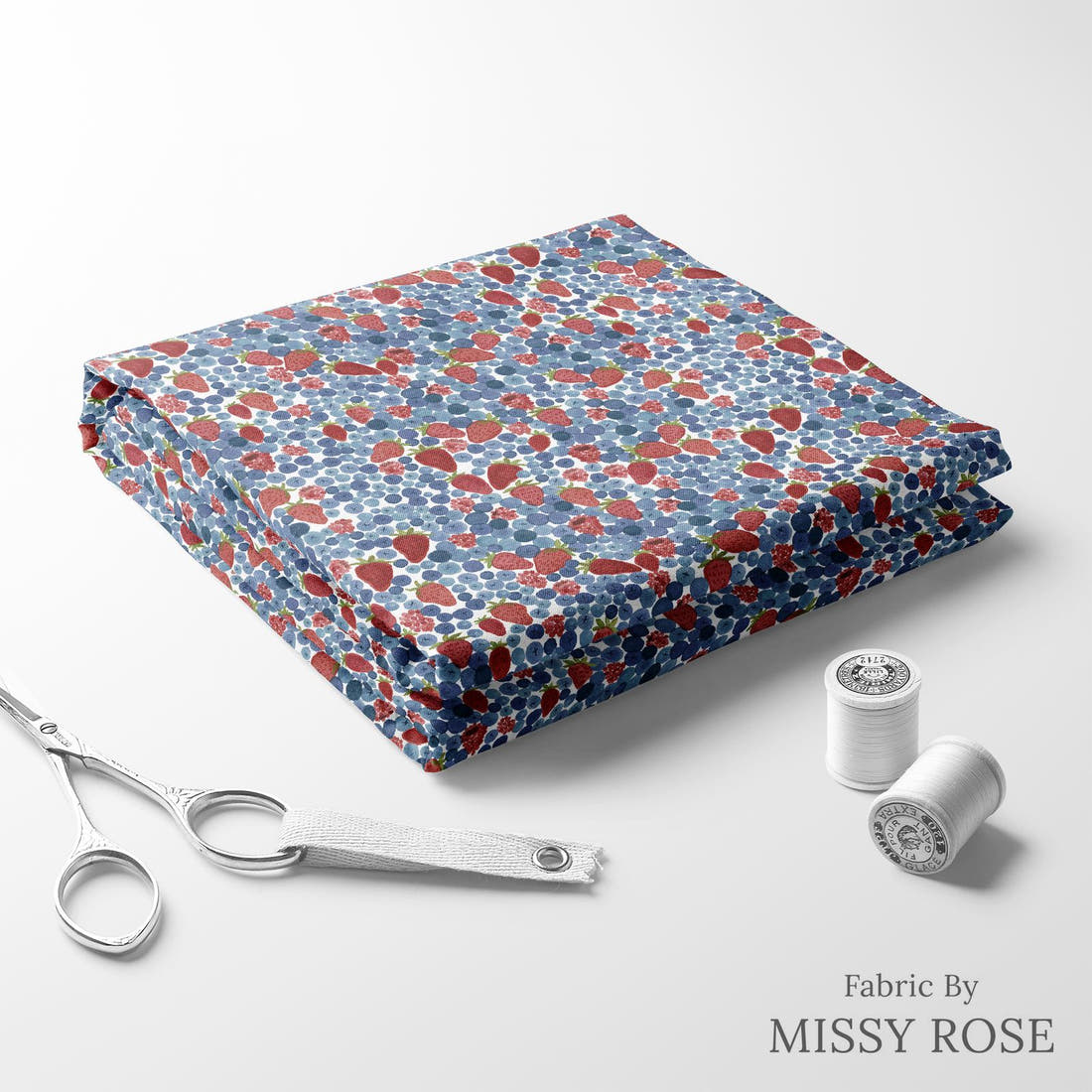Indy Bloom Fabric Liberty Berry Bliss 04 folded fabric stack with matching thread - pre-order fabric Australia | Fabric by Missy Rose