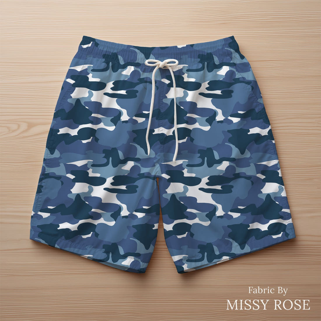 Indy Bloom Fabric Liberty Camo 02 sewn into swim shorts - custom printed fabric | Fabric by Missy Rose