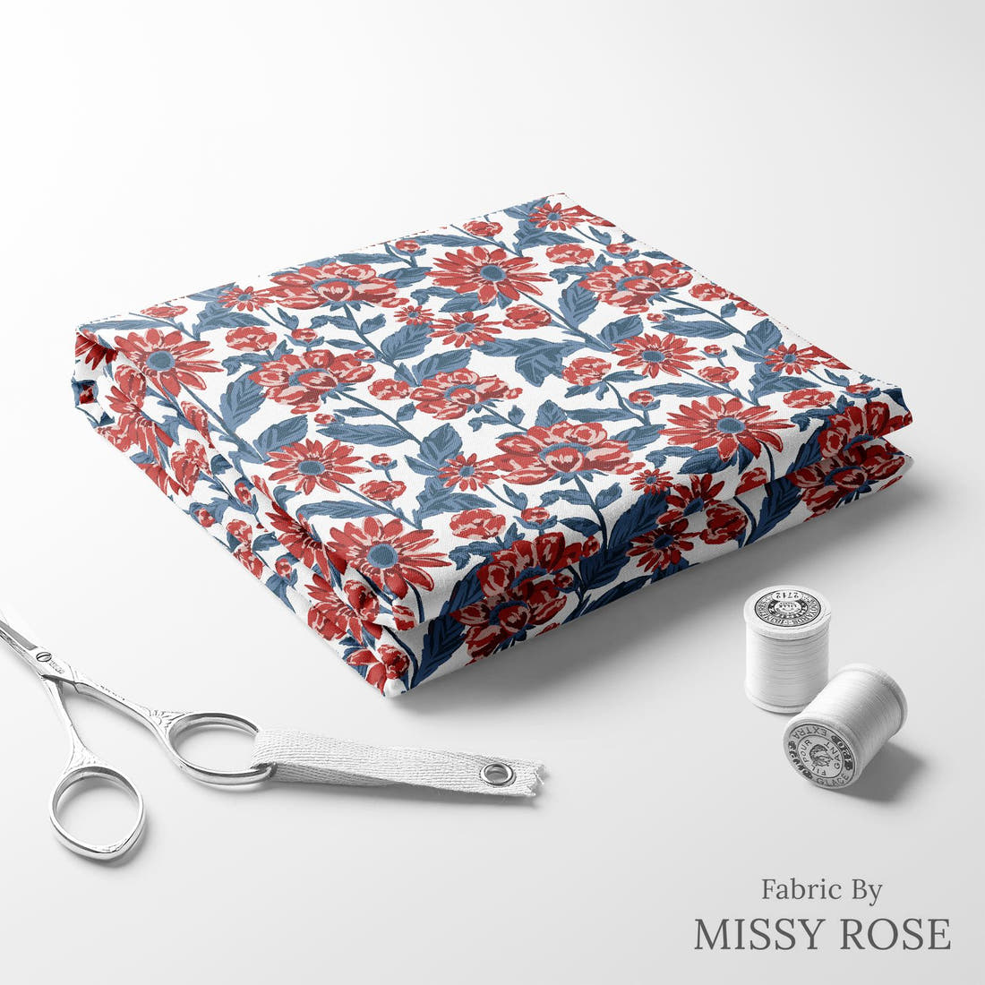 Indy Bloom Fabric Liberty Floral 01 folded fabric stack with matching thread - pre-order fabric Australia | Fabric by Missy Rose