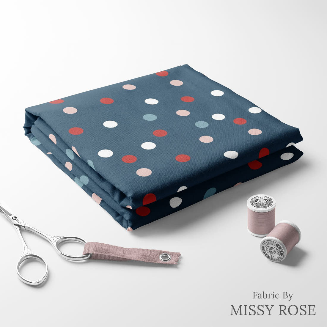 Indy Bloom Fabric Liberty Navy Confetti 06 folded fabric stack with matching thread - pre-order fabric Australia | Fabric by Missy Rose