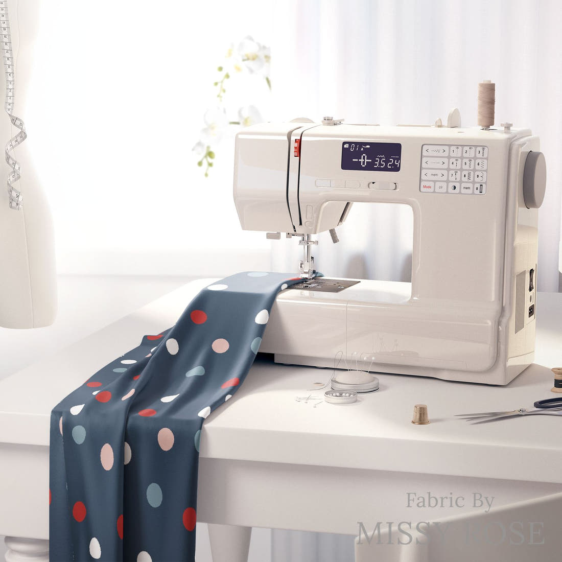 Indy Bloom Fabric Liberty Navy Confetti 06 fabric on a sewing machine - sew your own | Fabric by Missy Rose