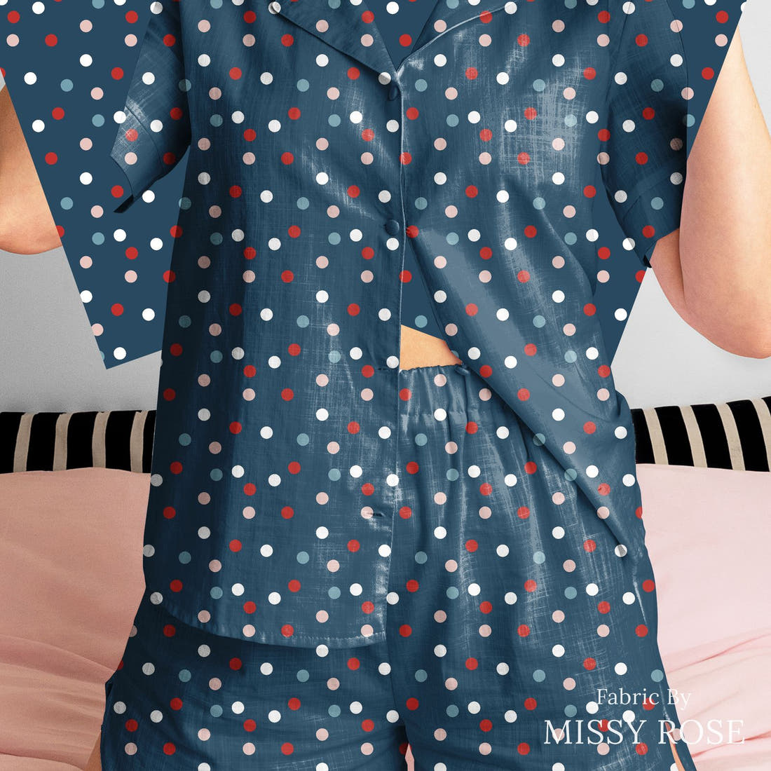 Indy Bloom Fabric Liberty Navy Confetti 06 sewn into a women's pyjama set - custom printed fabric | Fabric by Missy Rose