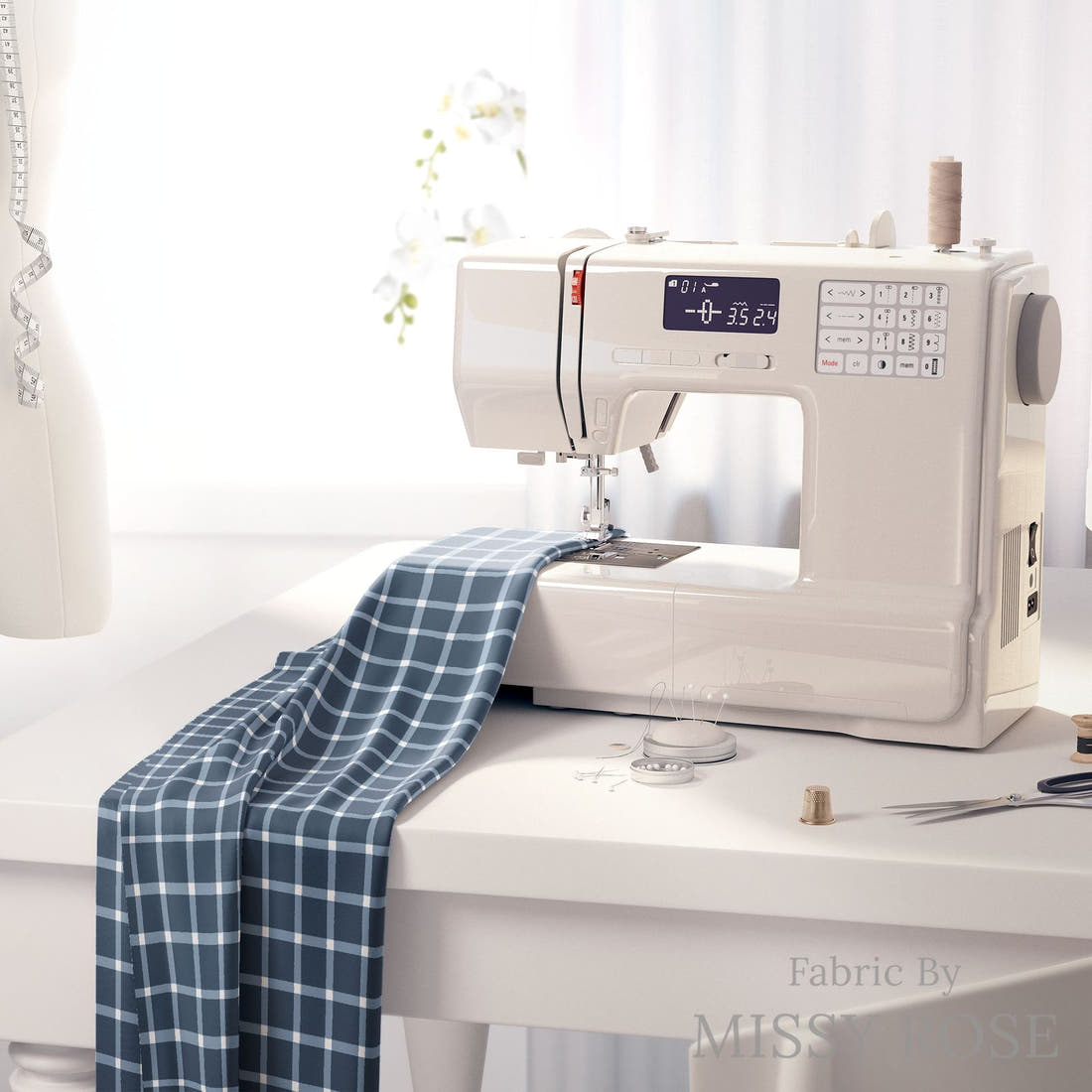 Indy Bloom Fabric Liberty Navy Gingham 09 fabric on a sewing machine - sew your own | Fabric by Missy Rose