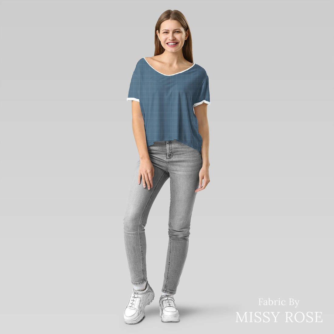 Indy Bloom Fabric Liberty Navy Gingham 09 sewn into an everyday tee - custom printed fabric | Fabric by Missy Rose