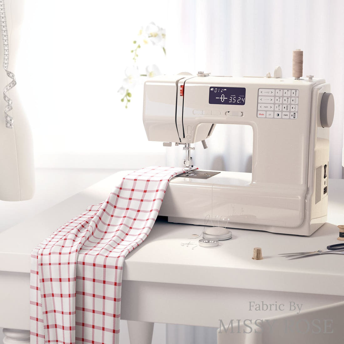 Indy Bloom Fabric Liberty Pink Plaid 10 fabric on a sewing machine - sew your own | Fabric by Missy Rose