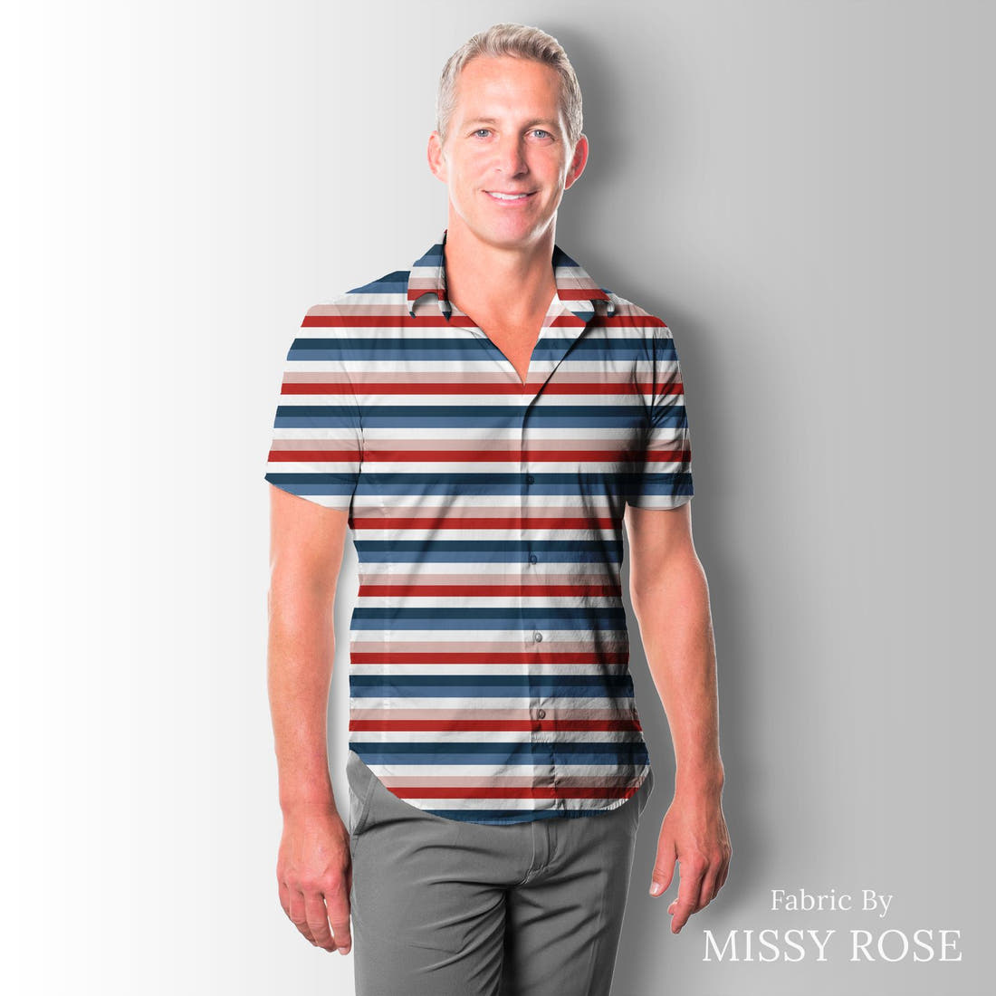 Indy Bloom Fabric Liberty Rainbow Stripe 11 sewn into a men's shirt - custom printed fabric | Fabric by Missy Rose