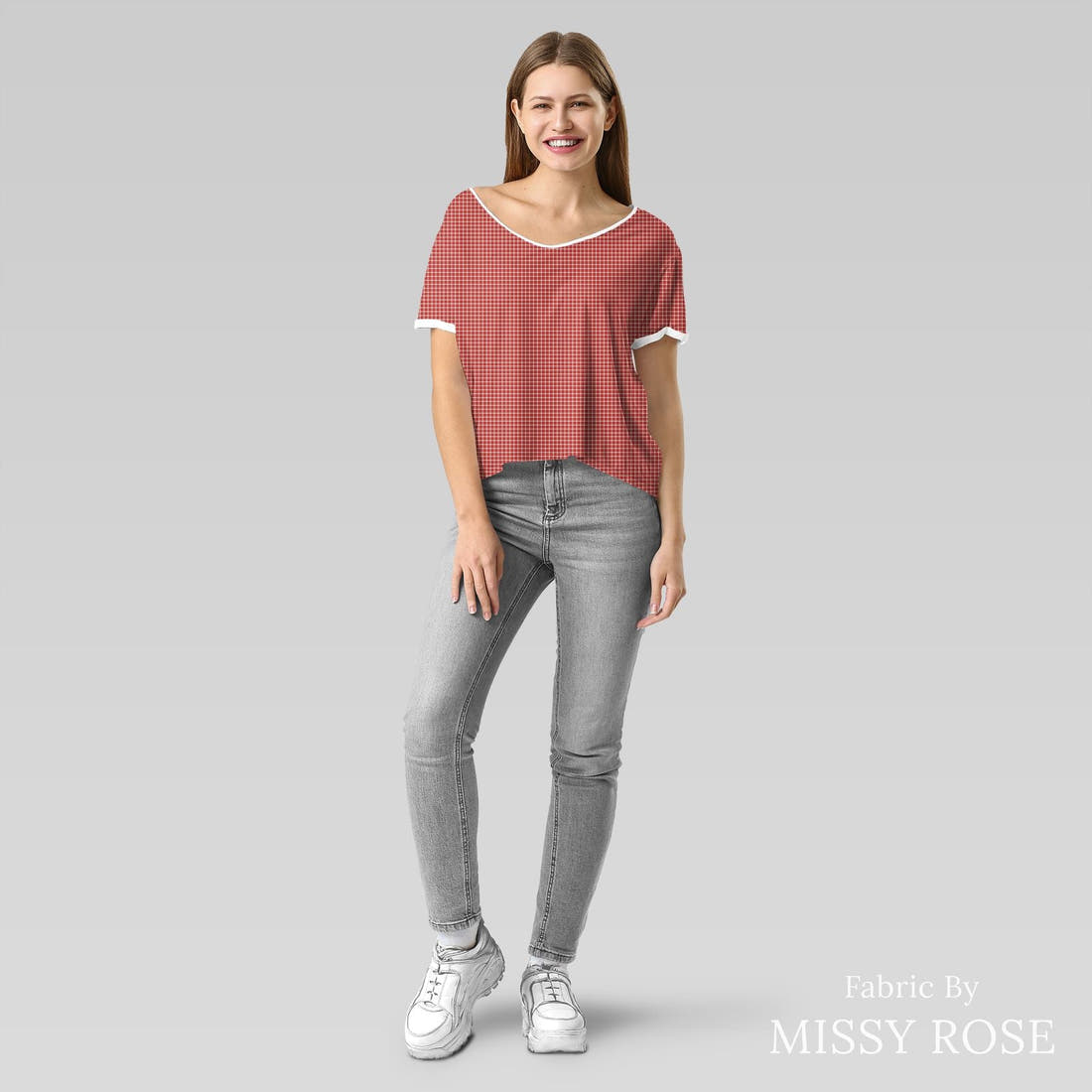 Indy Bloom Fabric Liberty Red Gingham 07 sewn into an everyday tee - custom printed fabric | Fabric by Missy Rose